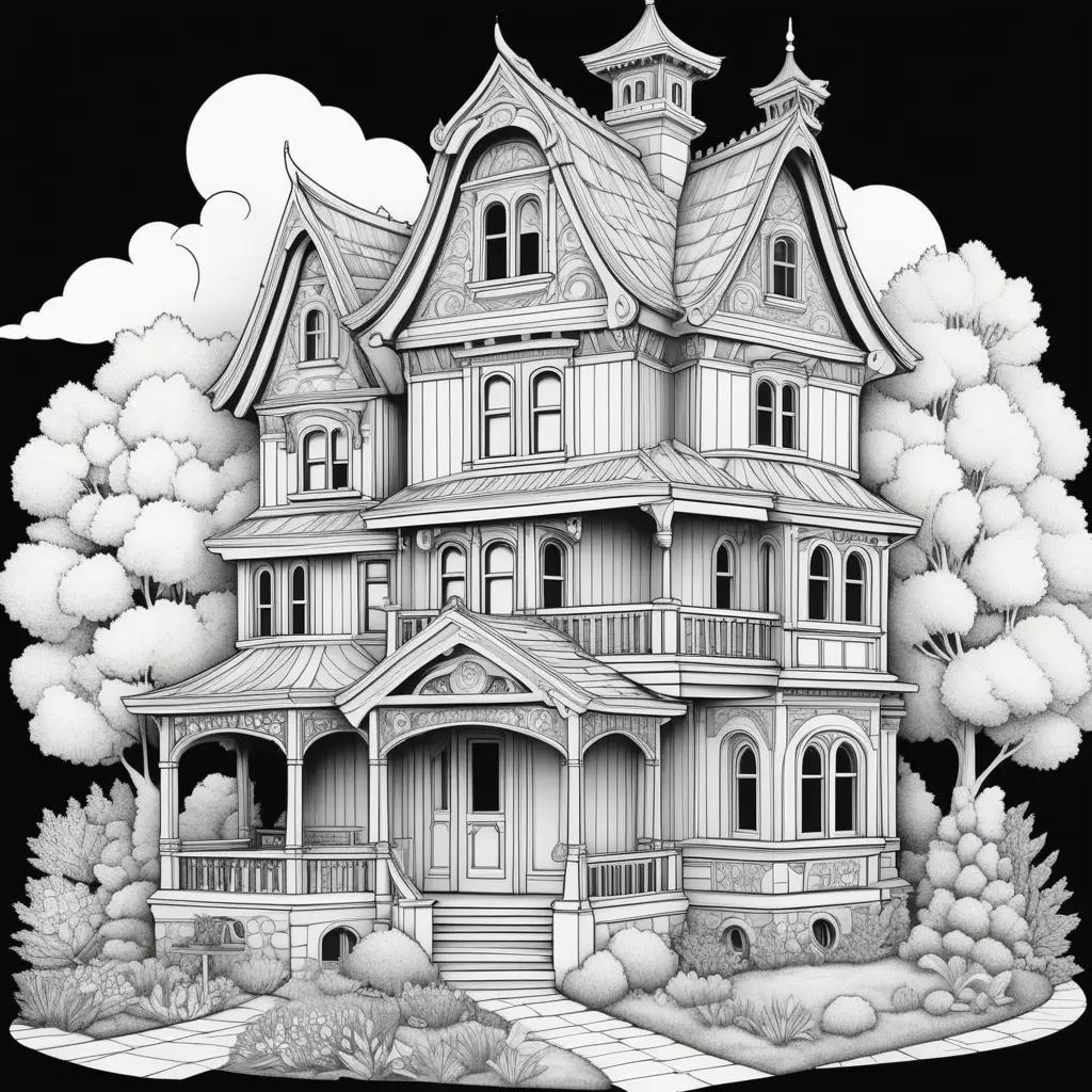 Black and white drawing of a house in a garden