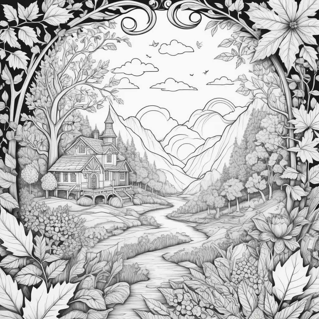 木々と花に囲まれた家の白黒画
