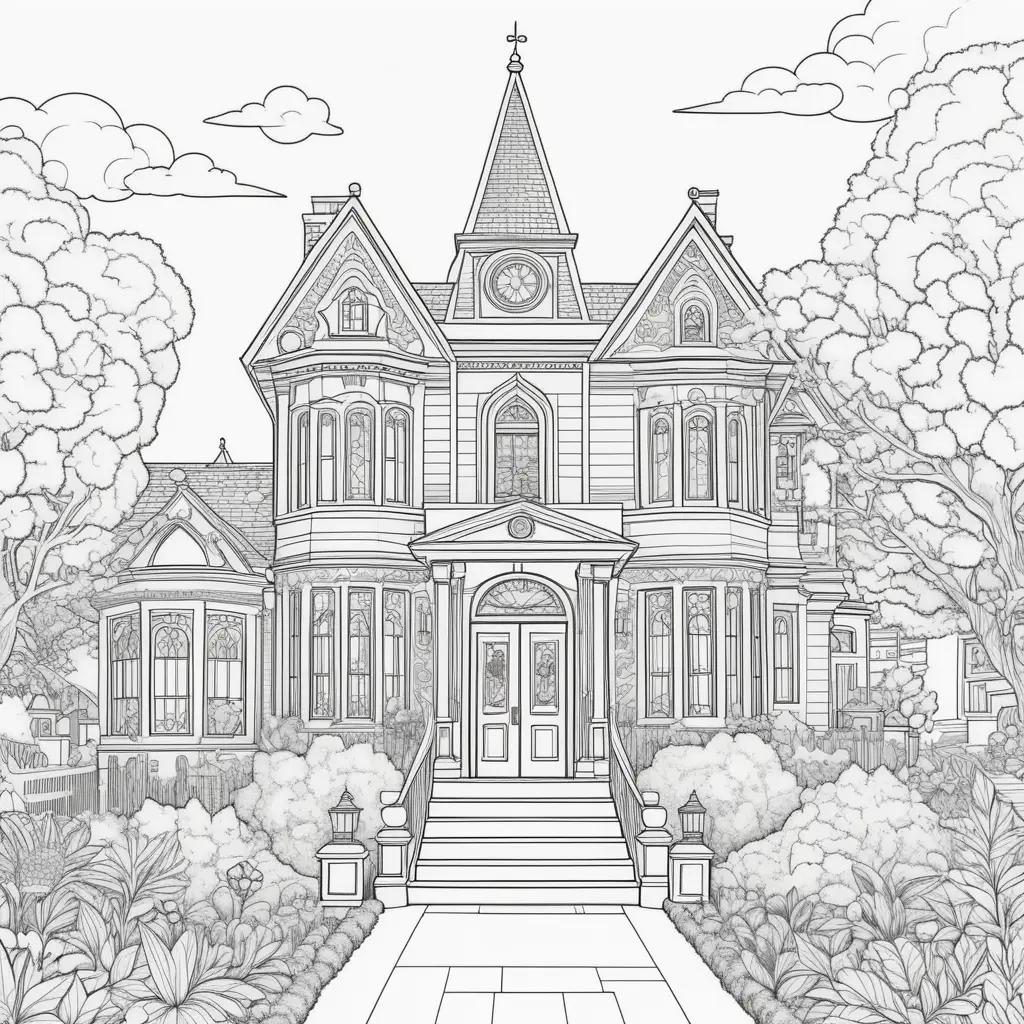 Black and white drawing of a house with a clock and trees