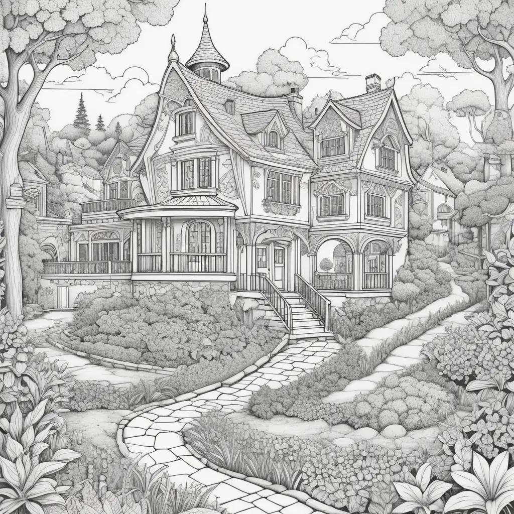 Black and white drawing of a house with a funny coloring pages background