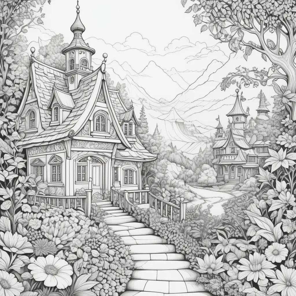 Black and white drawing of a house with a shadow of a path