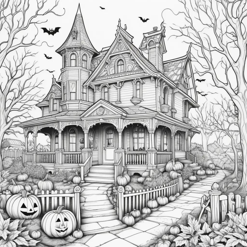 Black and white drawing of a house with pumpkins and bats