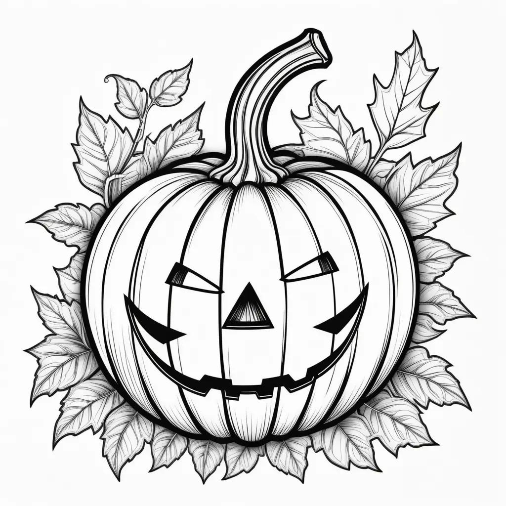 Black and white drawing of a jack o lantern with leafy frame