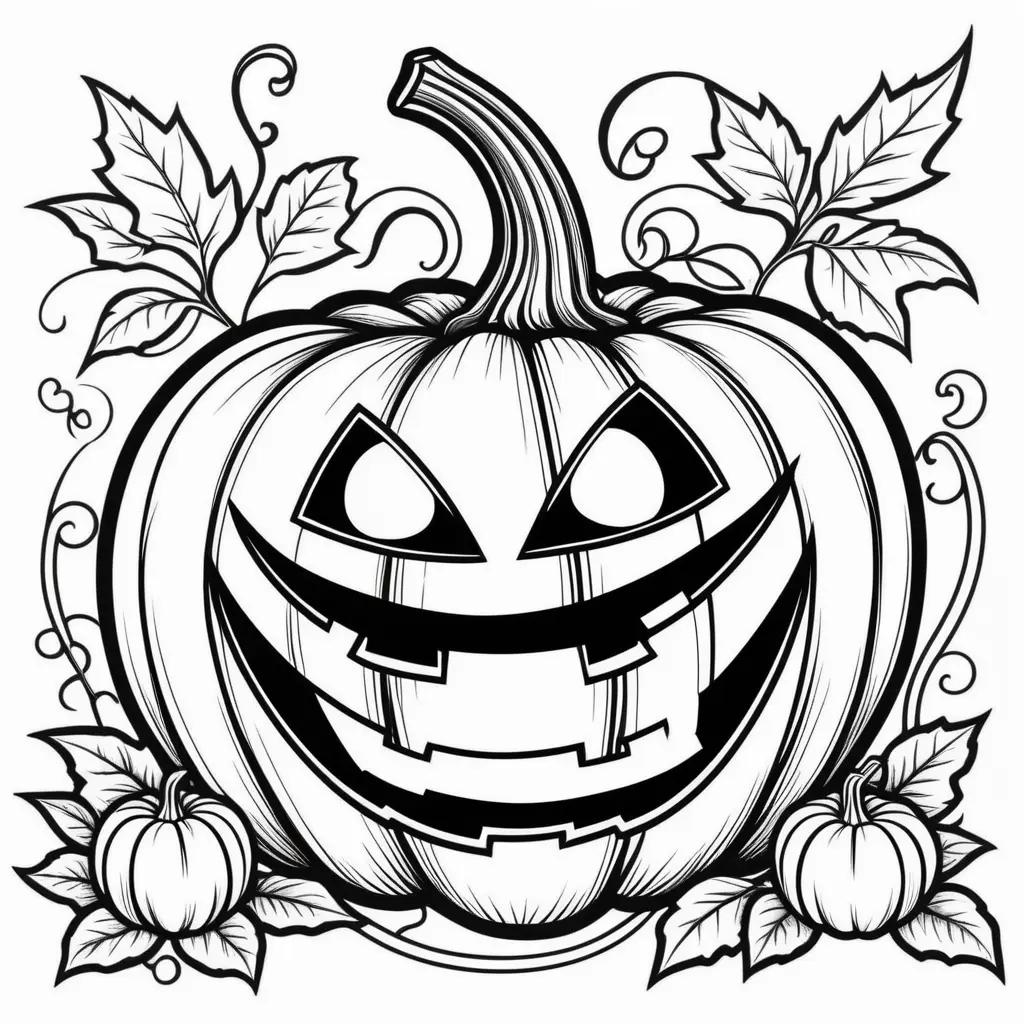 Black and white drawing of a jack o lantern with leaves and pumpkins