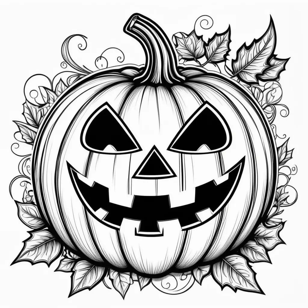 Black and white drawing of a jack o lantern with leaves around it