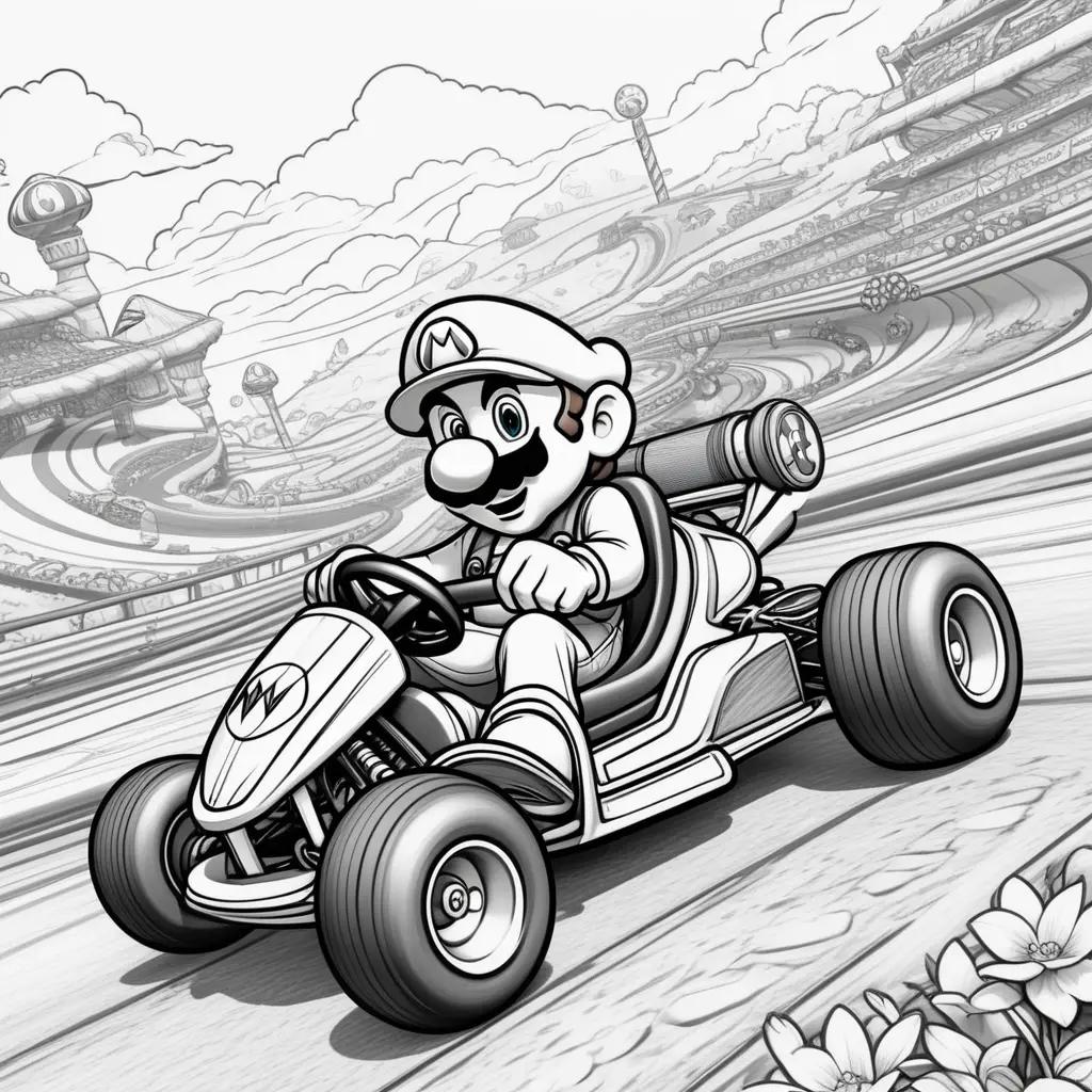 Black and white drawing of a kart racer in a race