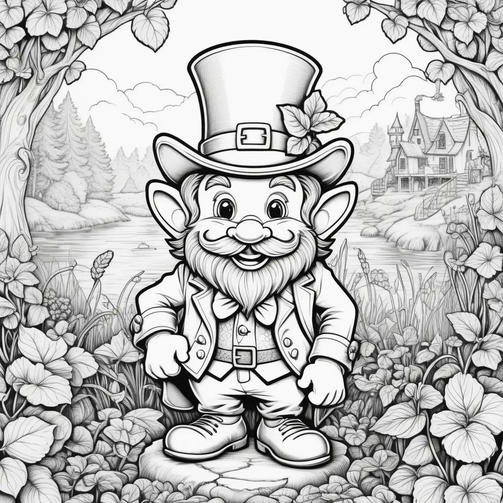 Black and white drawing of a leprechaun in a garden