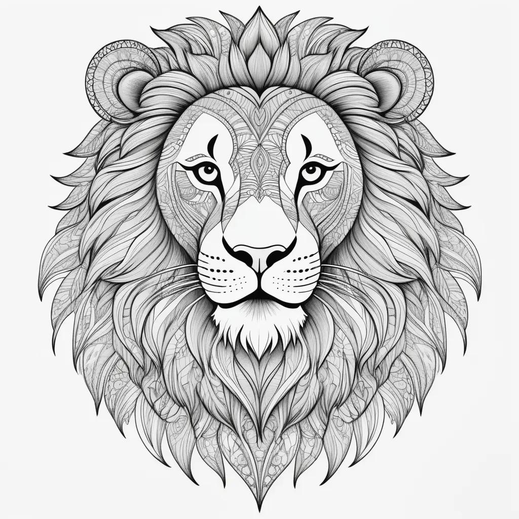 Black and white drawing of a lion on a color page