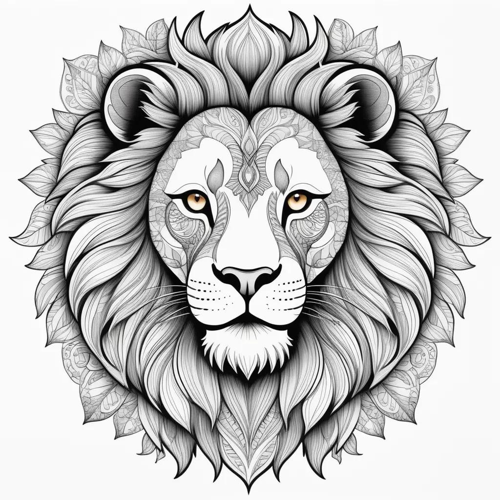 Black and white drawing of a lion with intricate designs