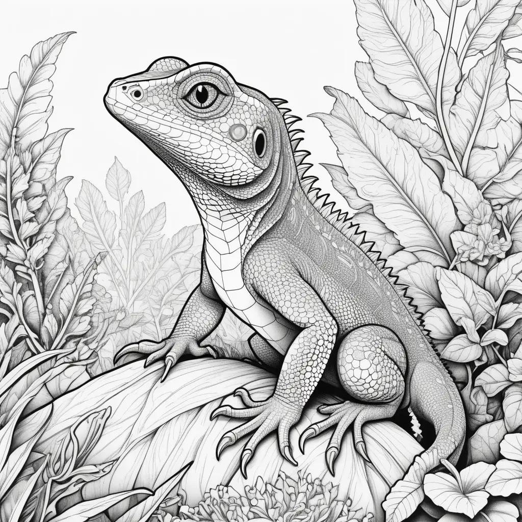 Black and white drawing of a lizard on a leaf