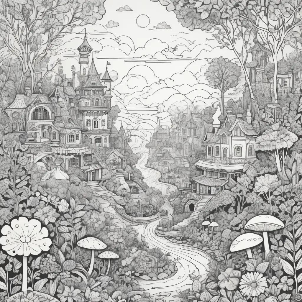 Black and white drawing of a magical forest