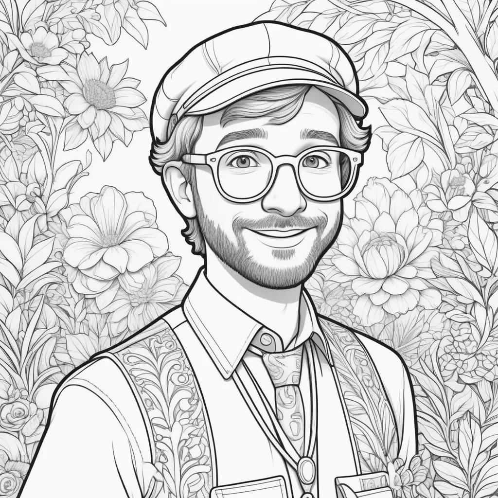 Black and white drawing of a man with glasses and a hat