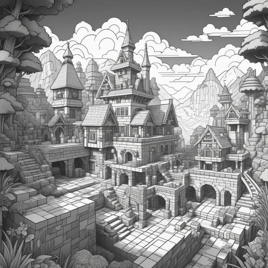 Minecraftのカラーページの城の白黒の絵