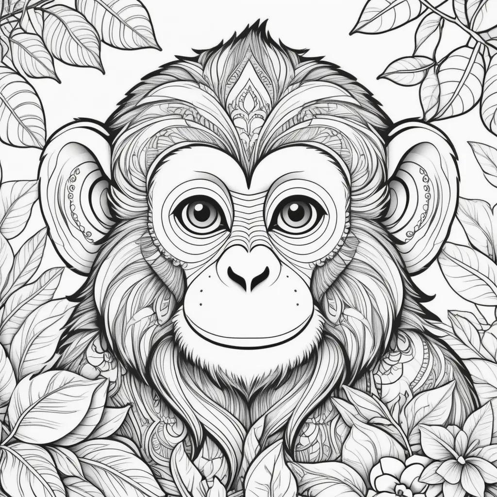 Black and white drawing of a monkey in a floral background