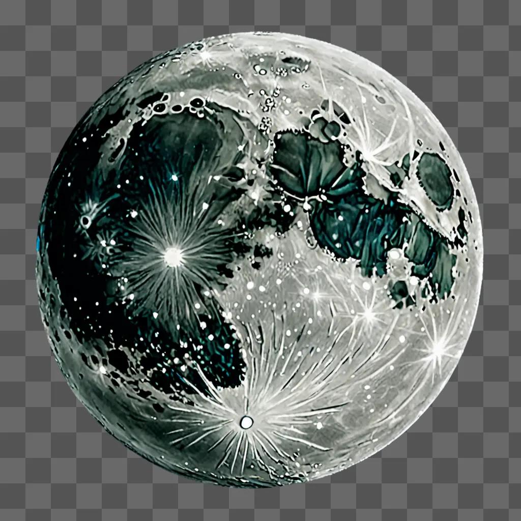 Black and white drawing of a moon with colour