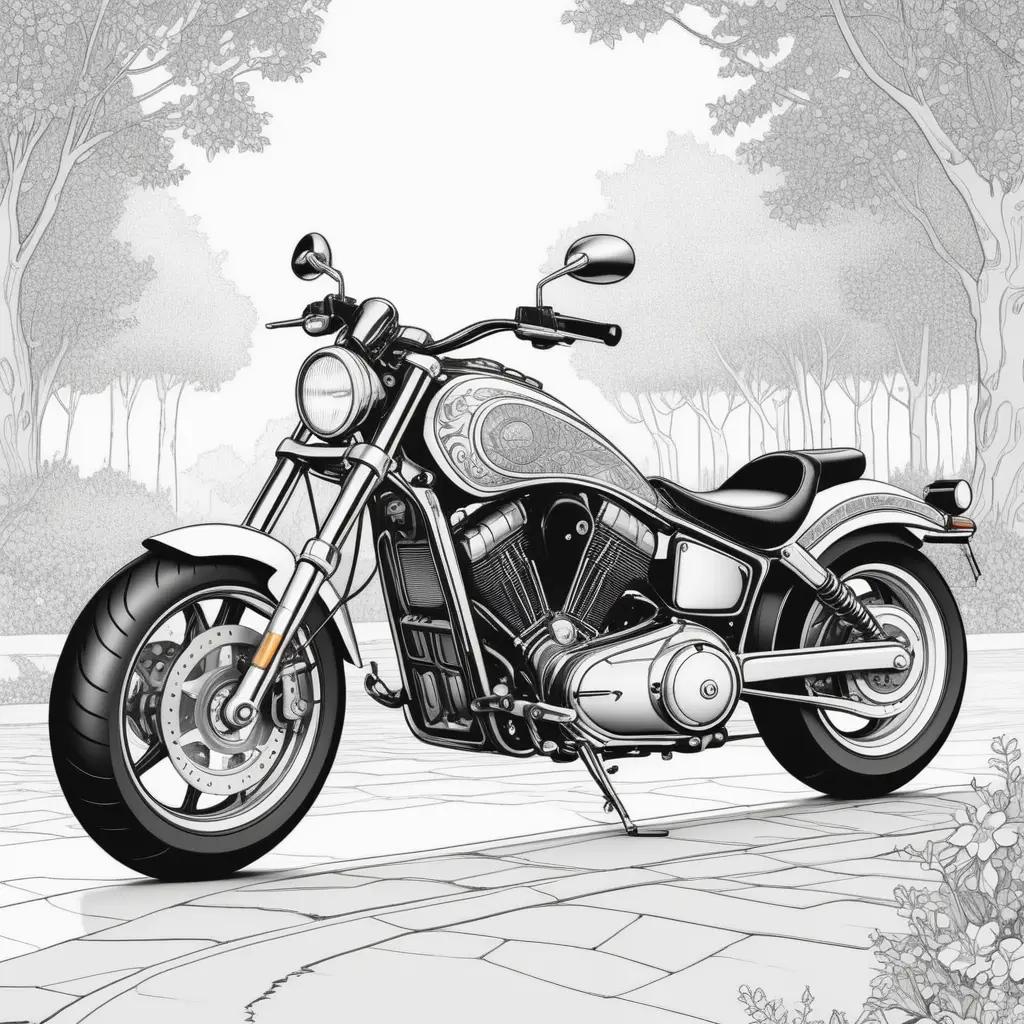 Black and white drawing of a motorcycle in a park