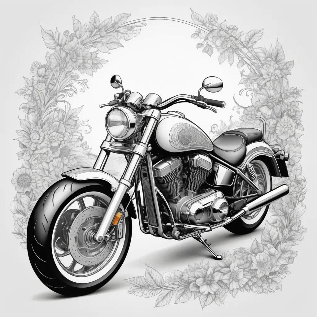 Black and white drawing of a motorcycle with colorful flowers