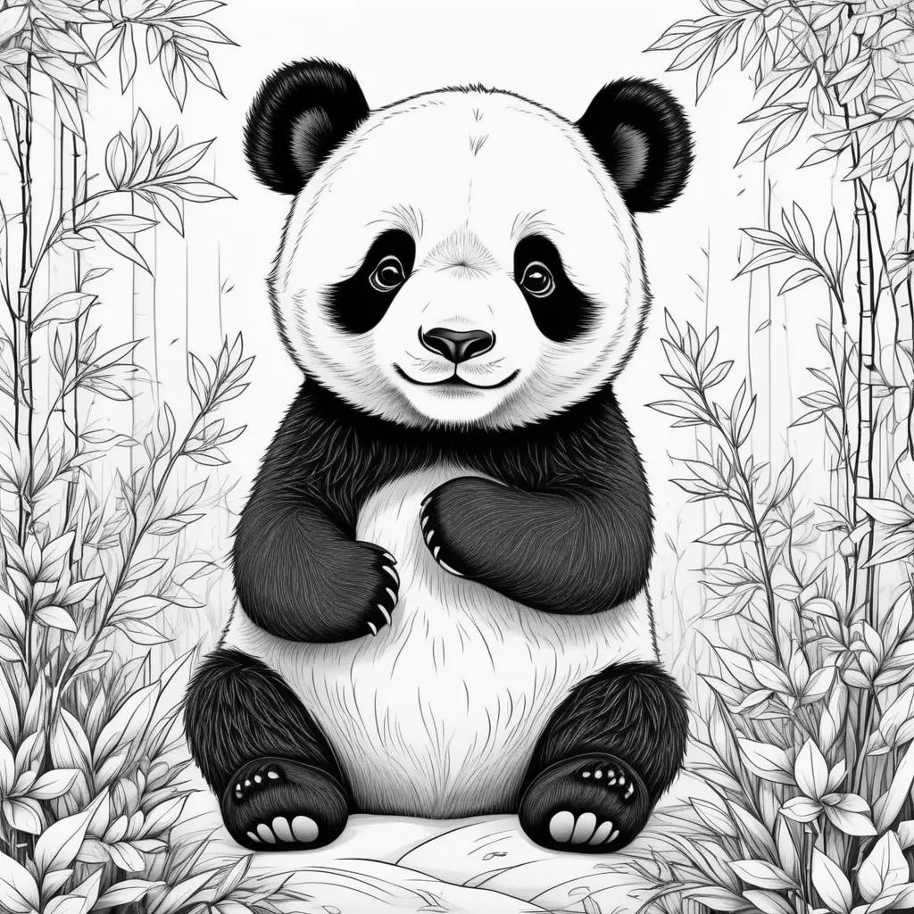 Black and white drawing of a panda in a forest setting