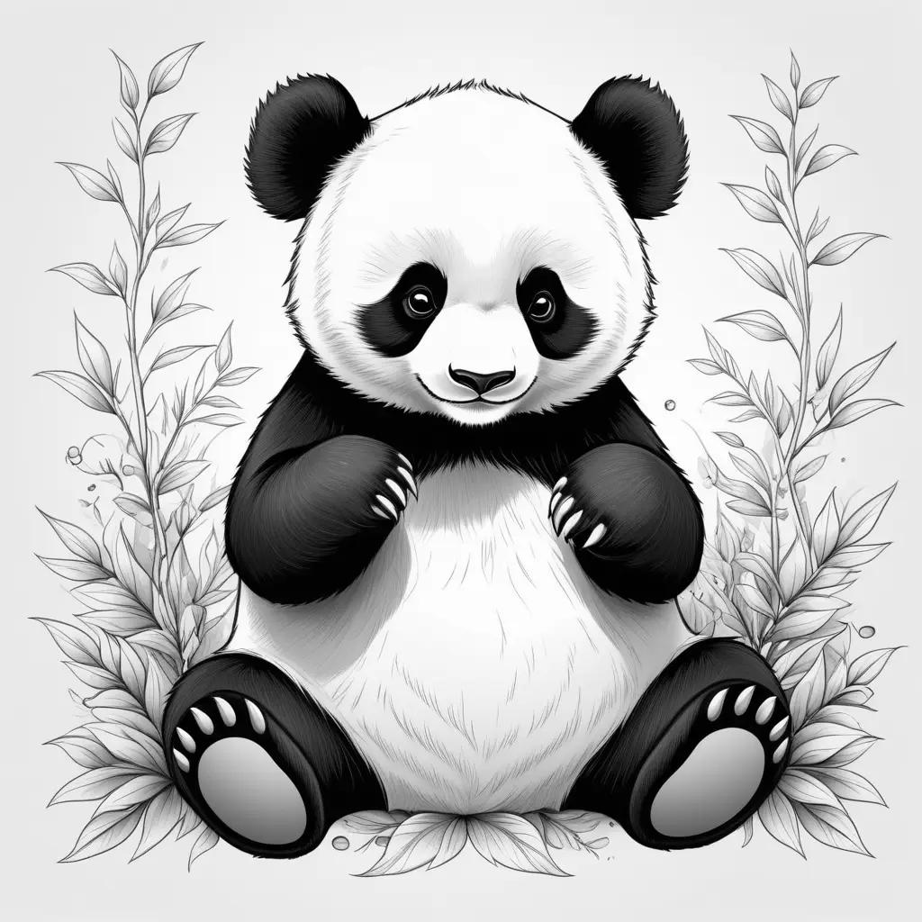 Black and white drawing of a panda in a leafy background