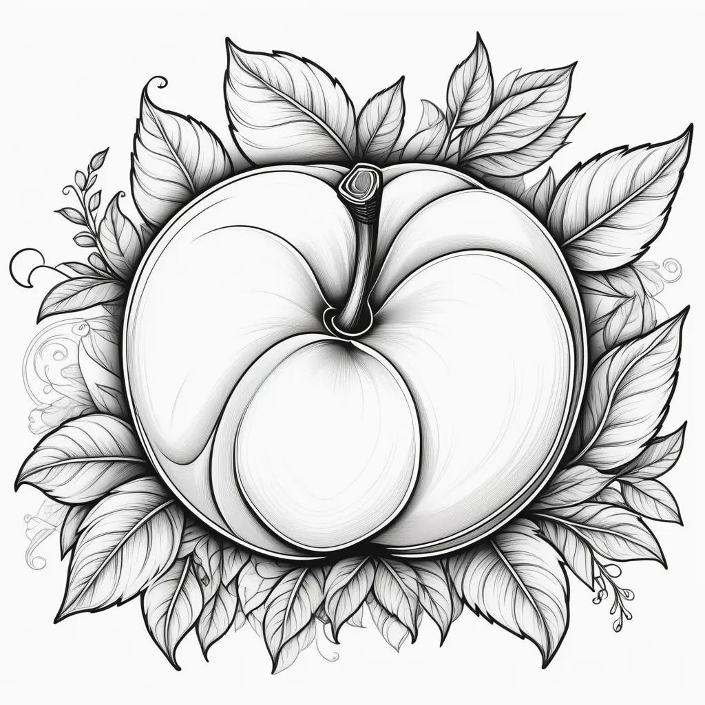 Black and white drawing of a peach and leaves