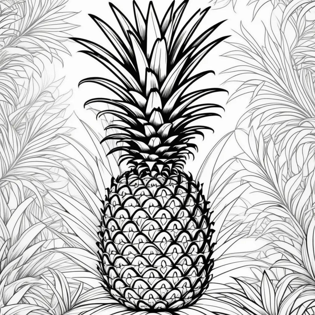 Black and white drawing of a pineapple on a background of leaves