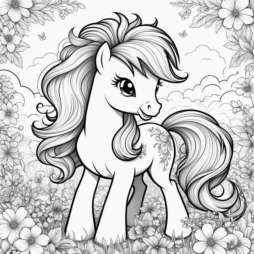 Black and white drawing of a pony in a flower garden