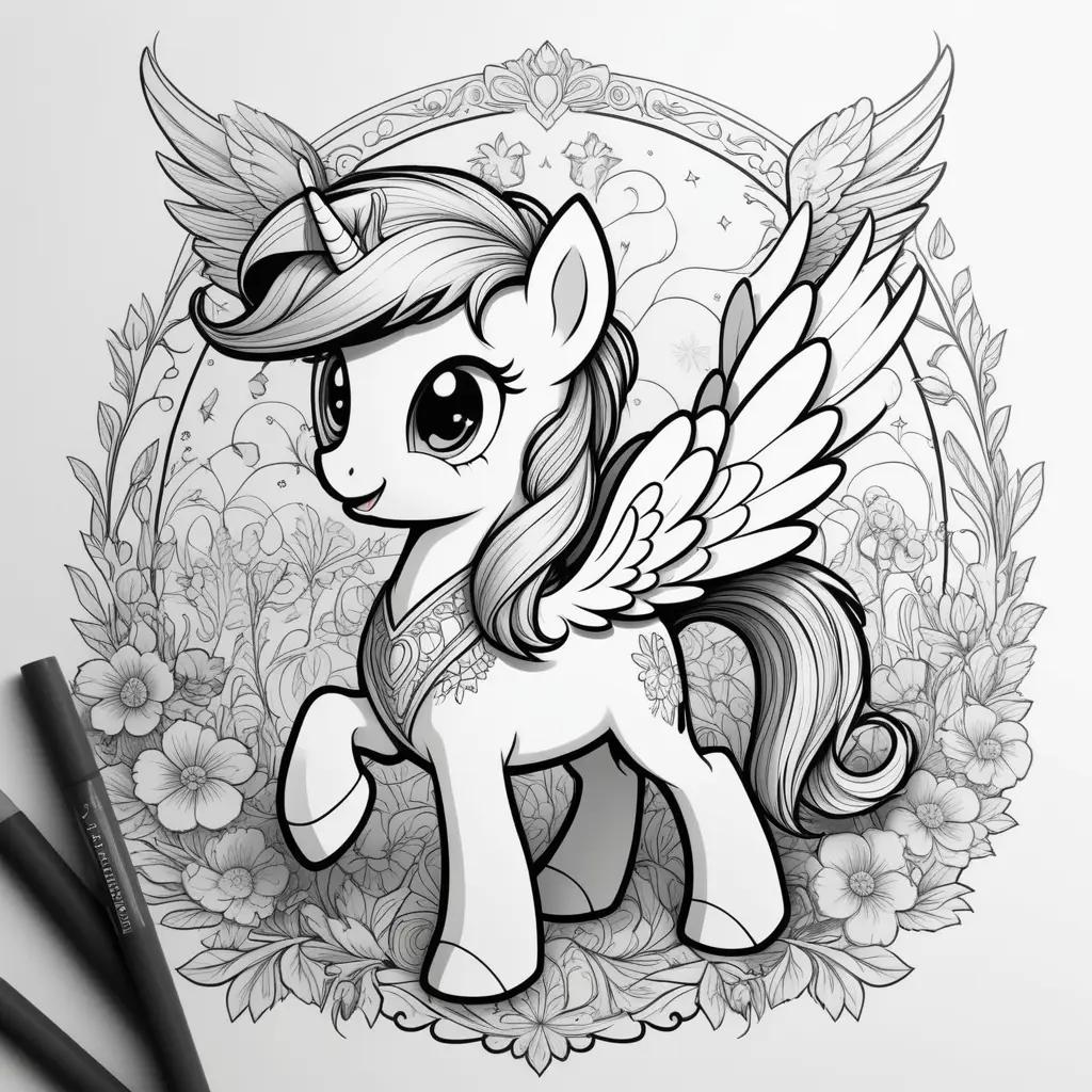 Black and white drawing of a pony with wings and flowers