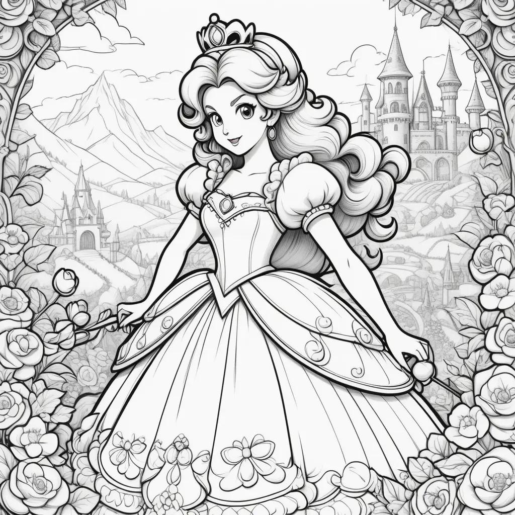 Black and white drawing of a princess peach color pages