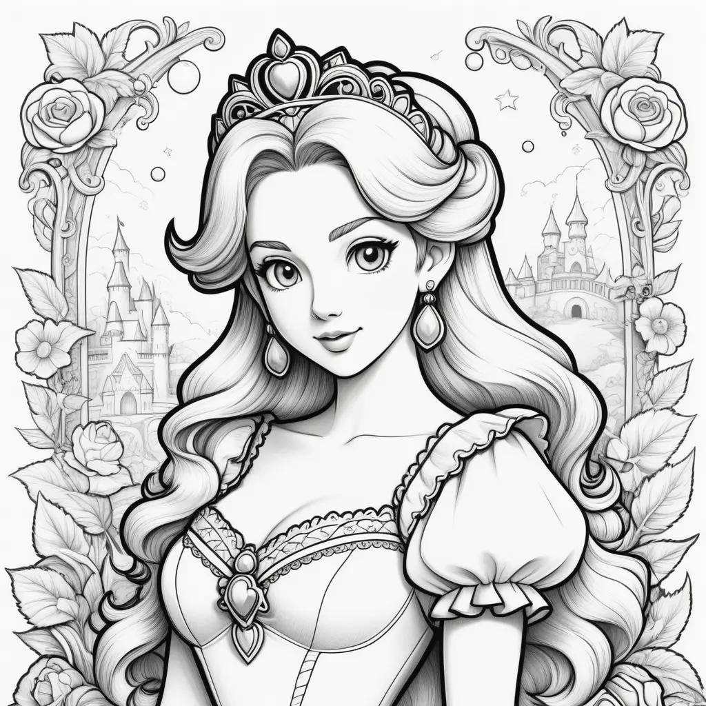 Black and white drawing of a princess peach coloring page
