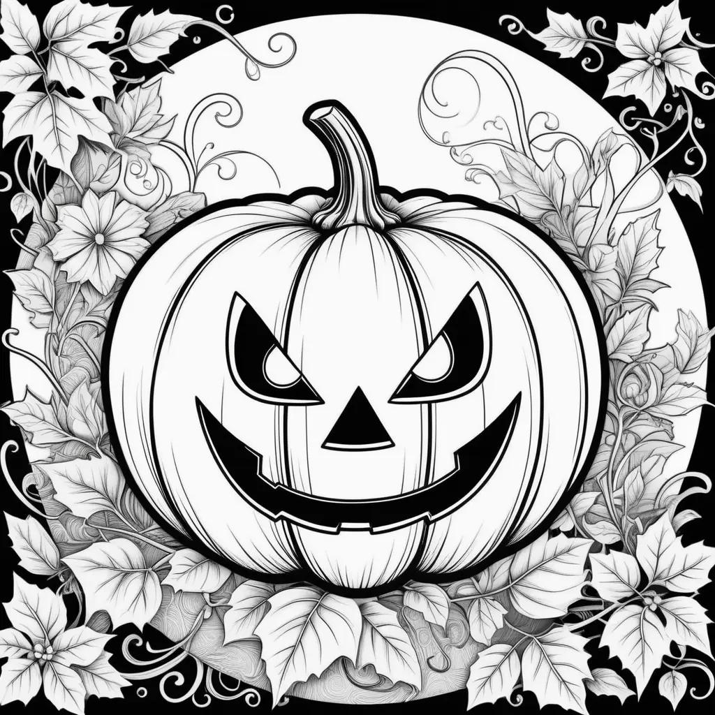 Black and white drawing of a pumpkin with a face and leaves