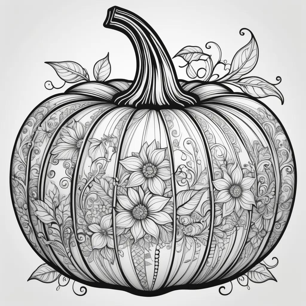 Black and white drawing of a pumpkin with floral patterns