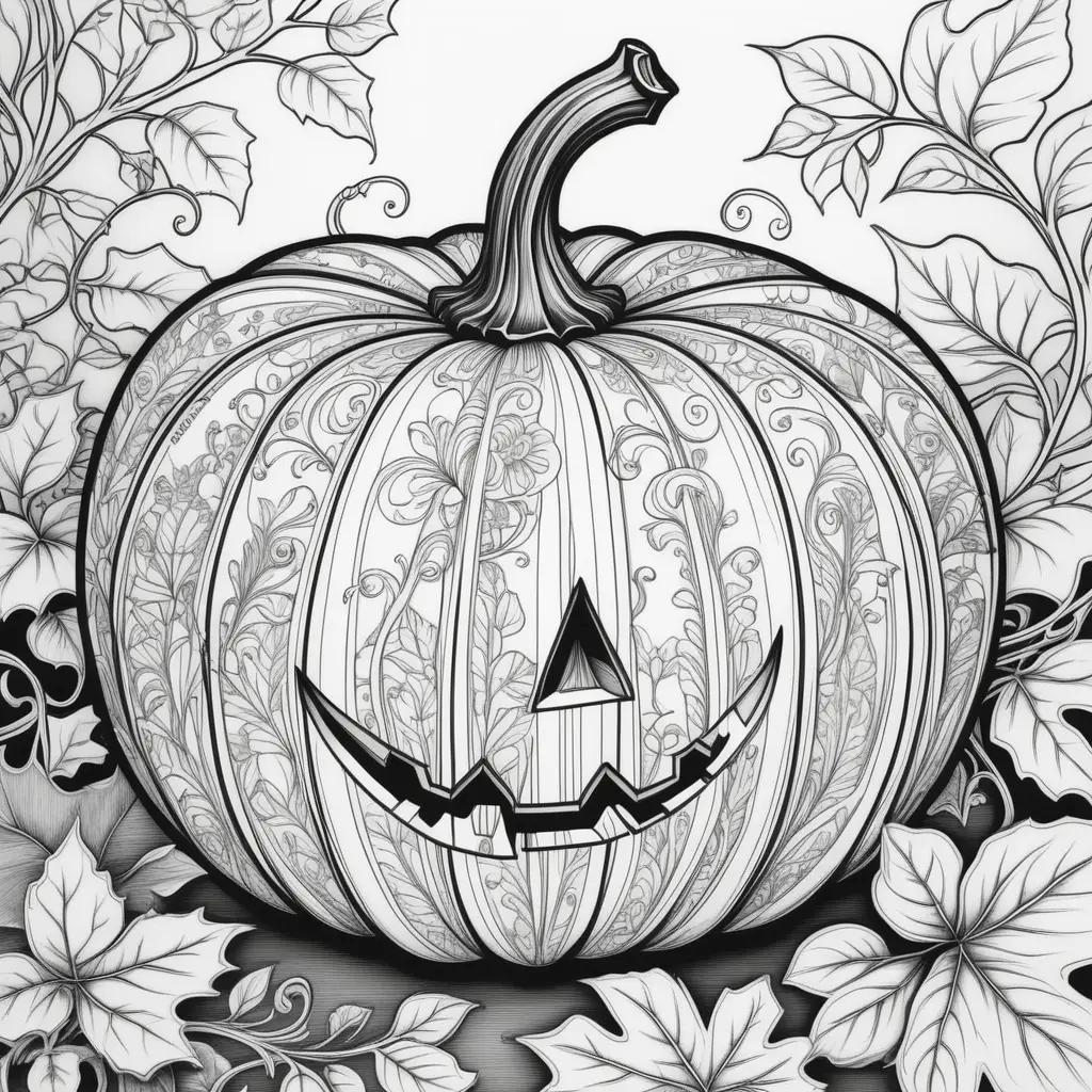 Black and white drawing of a pumpkin with leaves