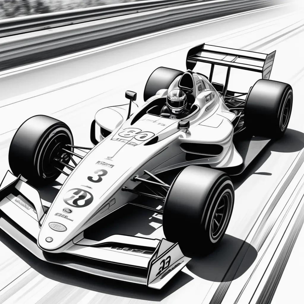 Black and white drawing of a race car on a track