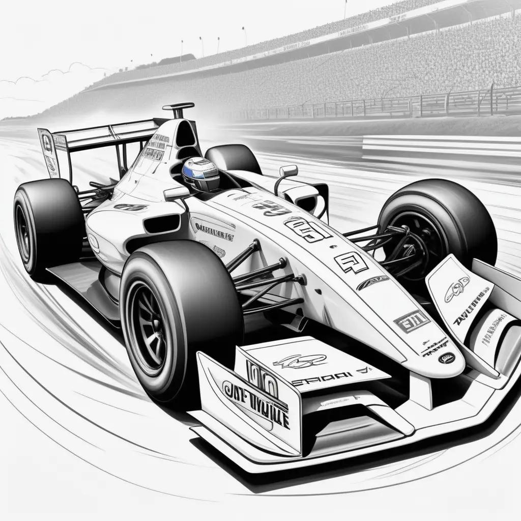 Black and white drawing of a race car on the track