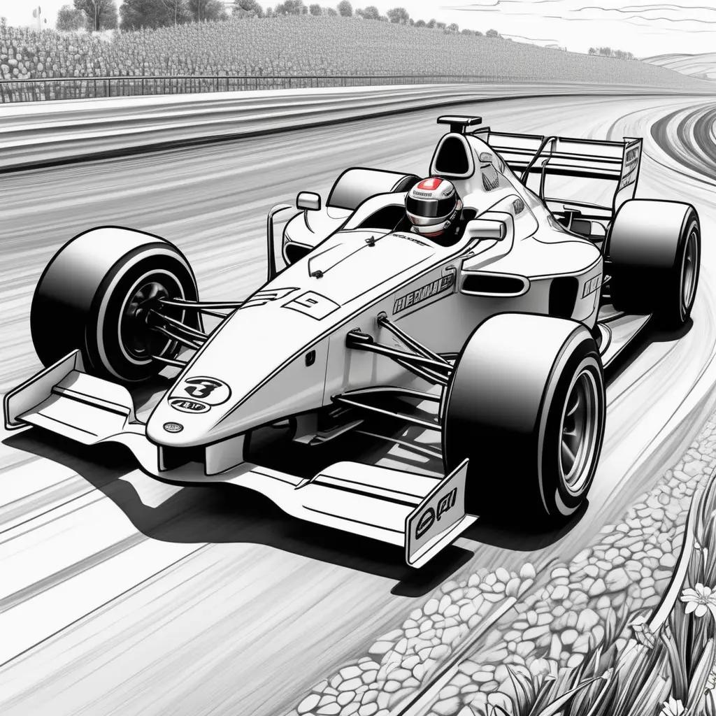 Black and white drawing of a racing car on a track