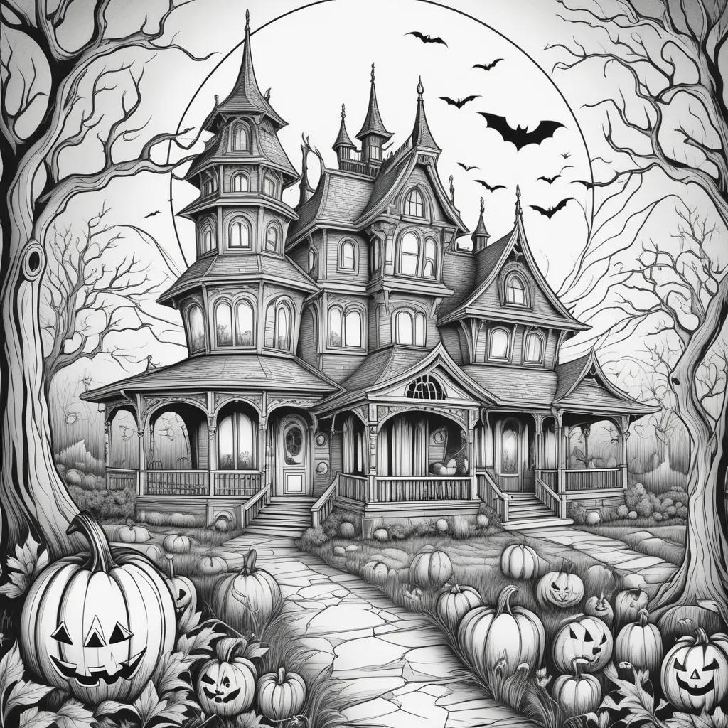 Black and white drawing of a scary Halloween house with pumpkins