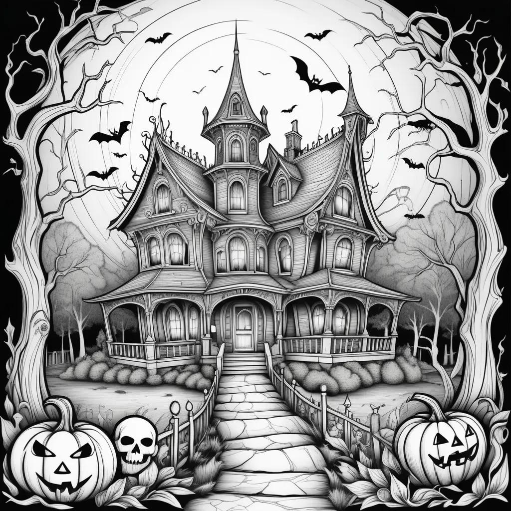 Black and white drawing of a scary halloween house