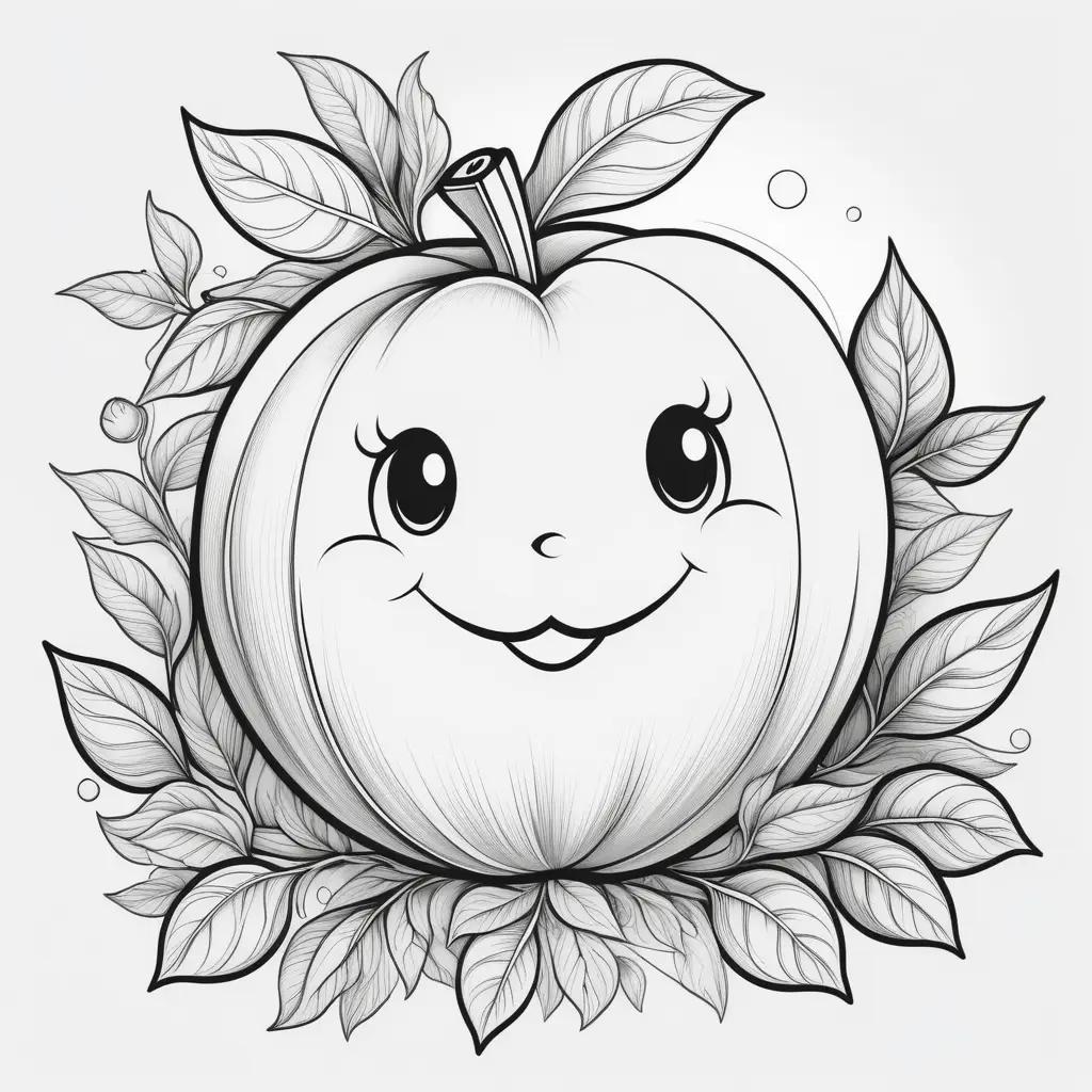 Black and white drawing of a smiling peach with leaves