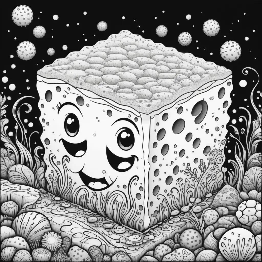 Black and white drawing of a smiling sponge in a sea