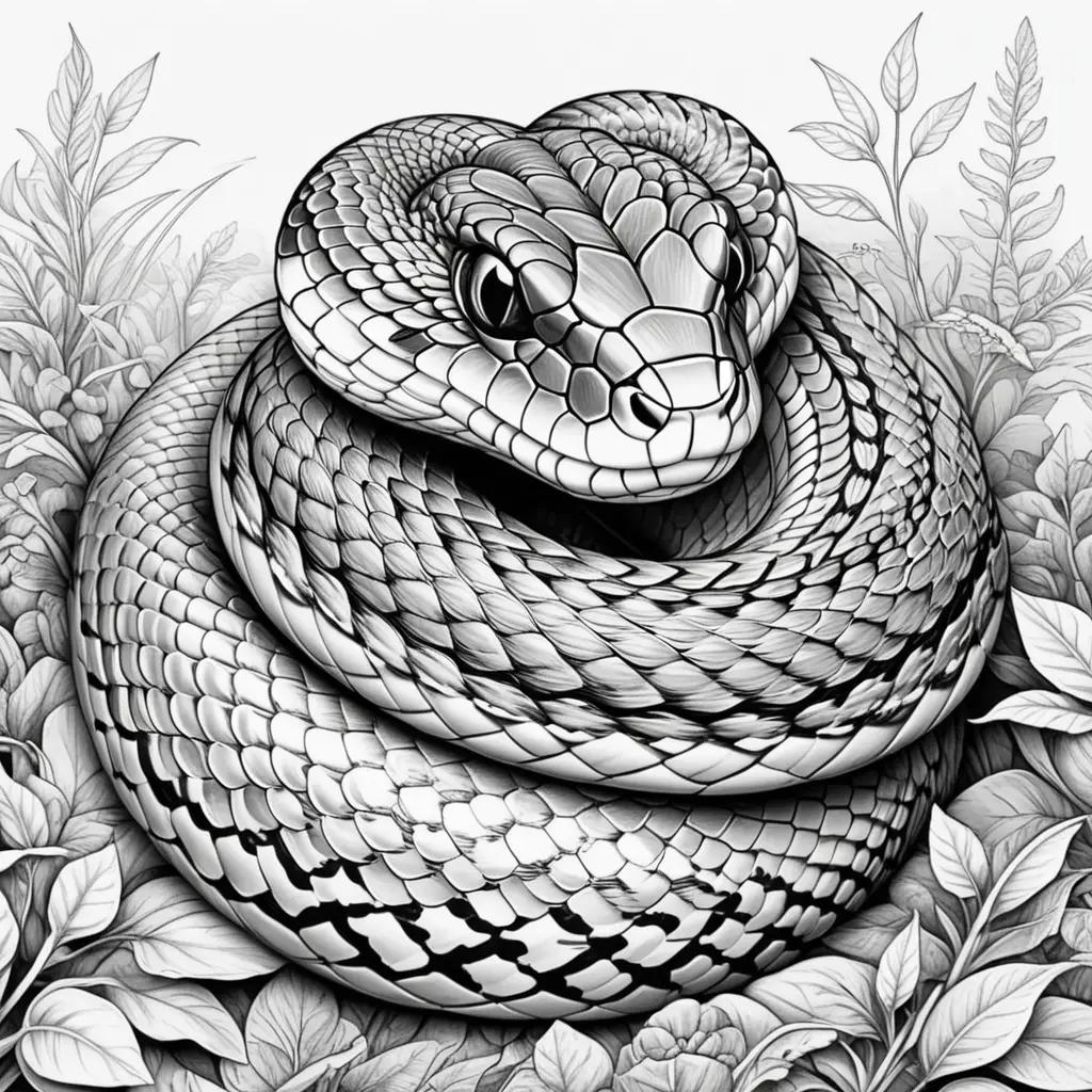 Black and white drawing of a snake in a field of leaves