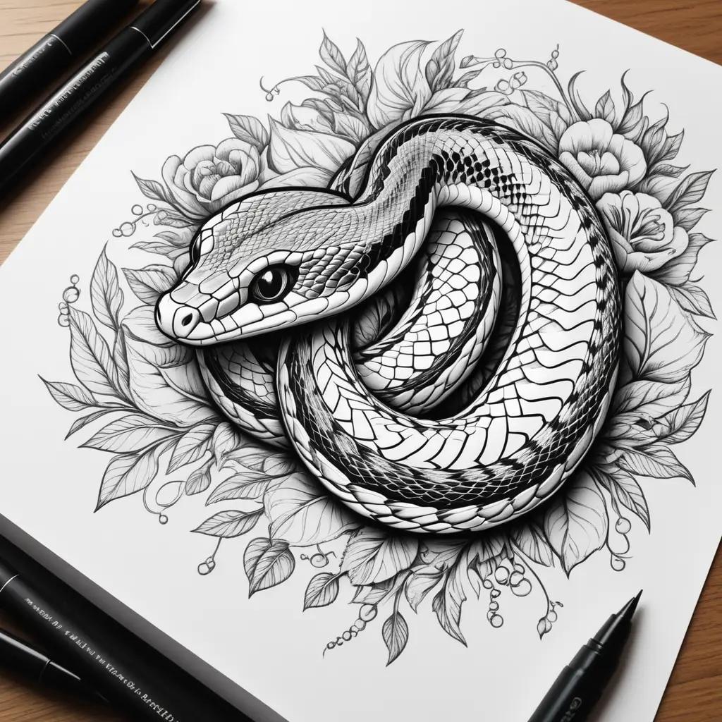 Black and white drawing of a snake in a floral arrangement