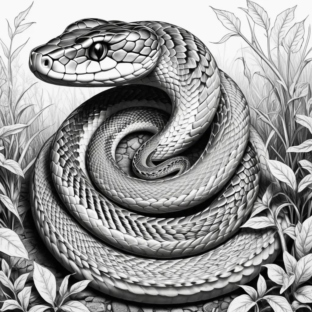 Black and white drawing of a snake on a grassy hill