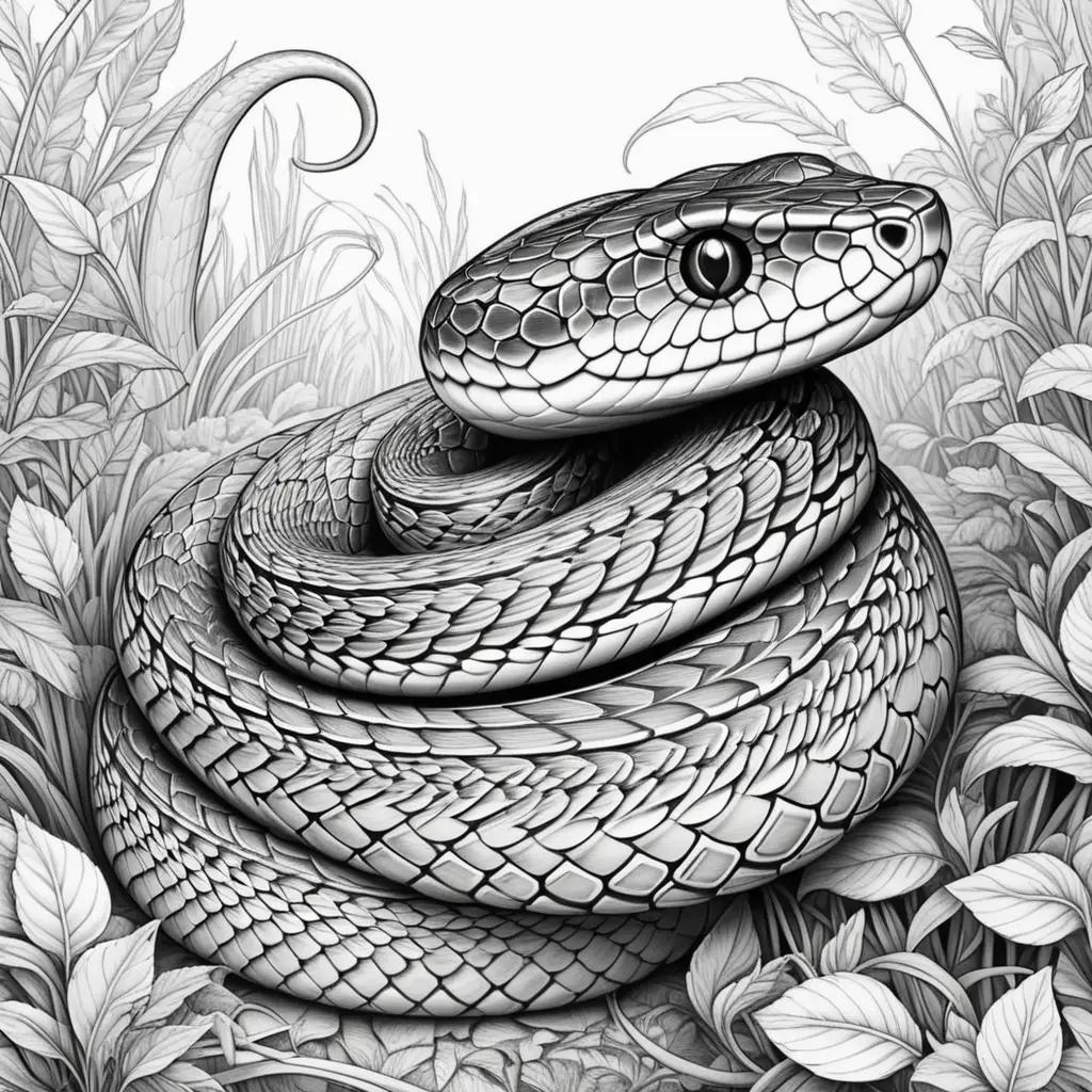 Black and white drawing of a snake on a leaf