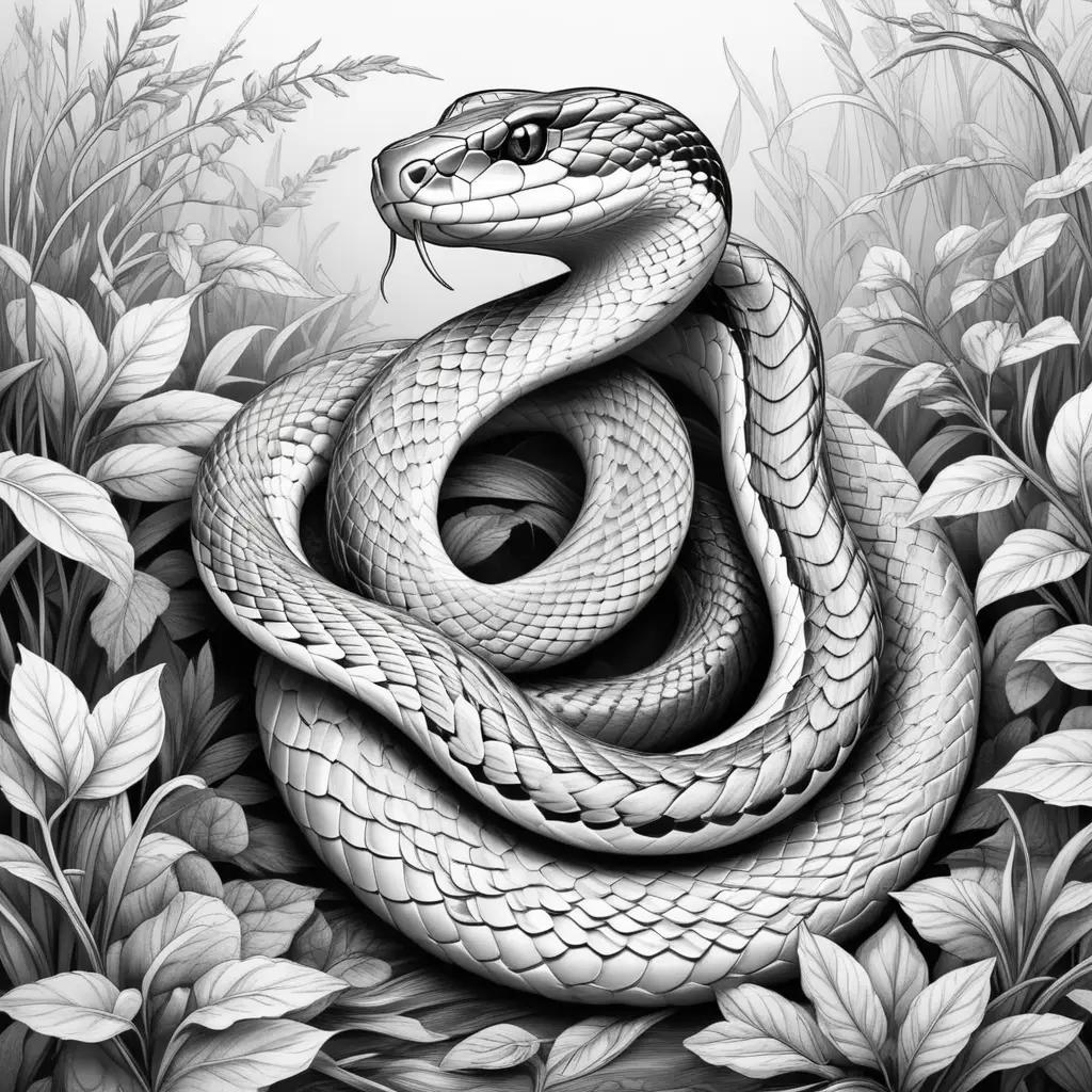 Black and white drawing of a snake on leaves