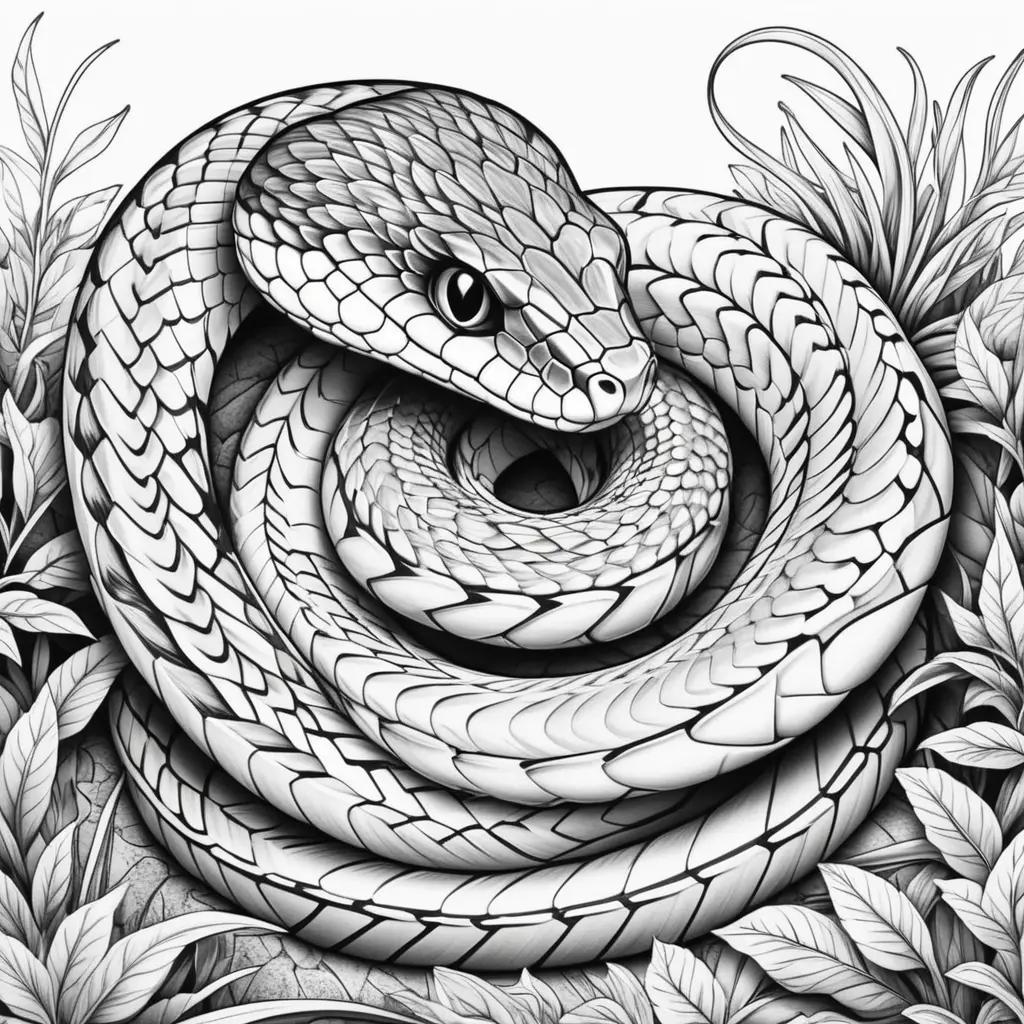 Black and white drawing of a snake with leaves in the background