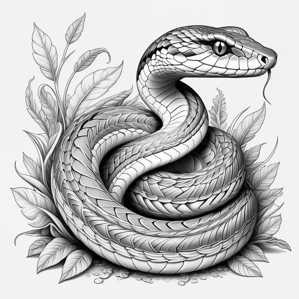 Black and white drawing of a snake with leaves