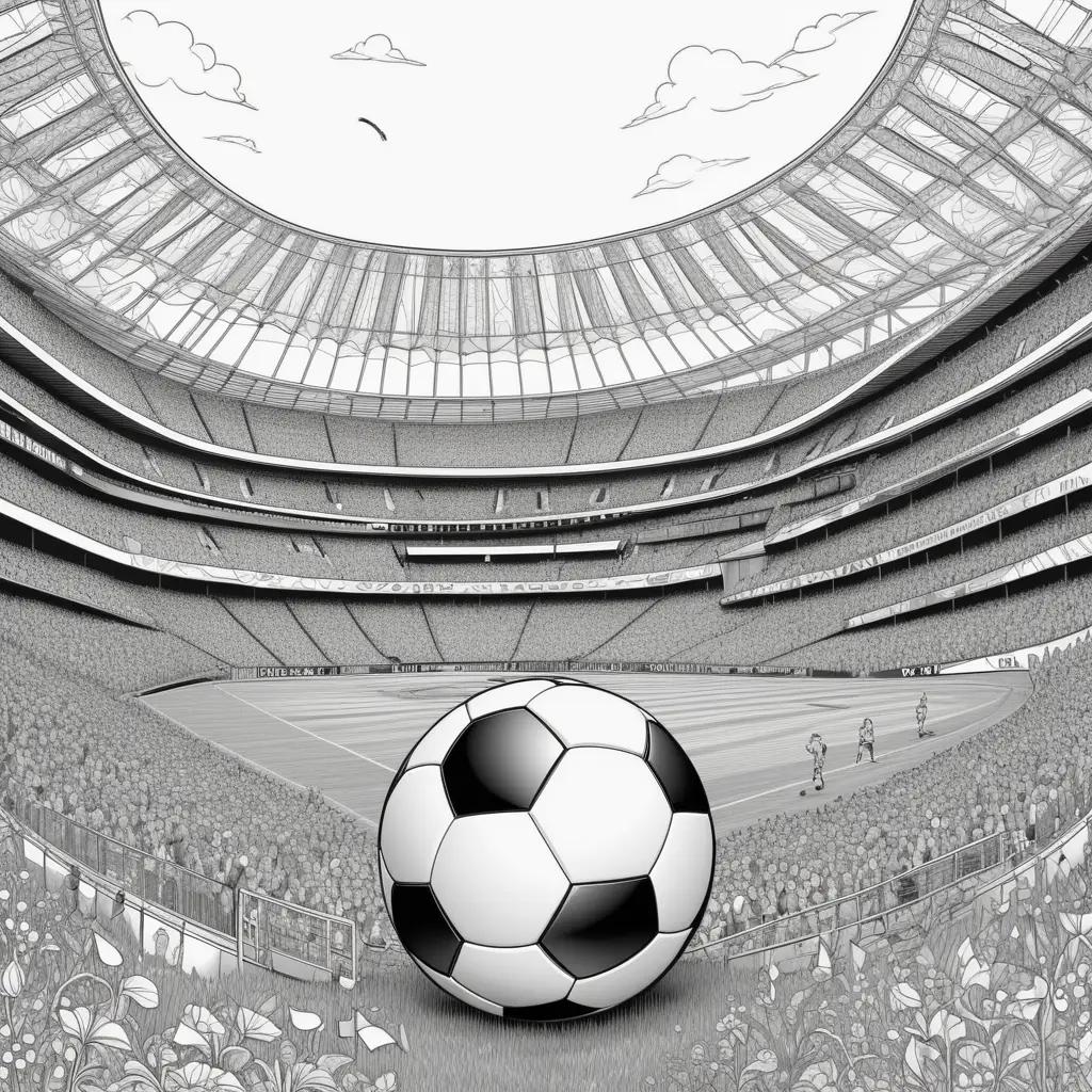 Black and white drawing of a soccer ball in a stadium