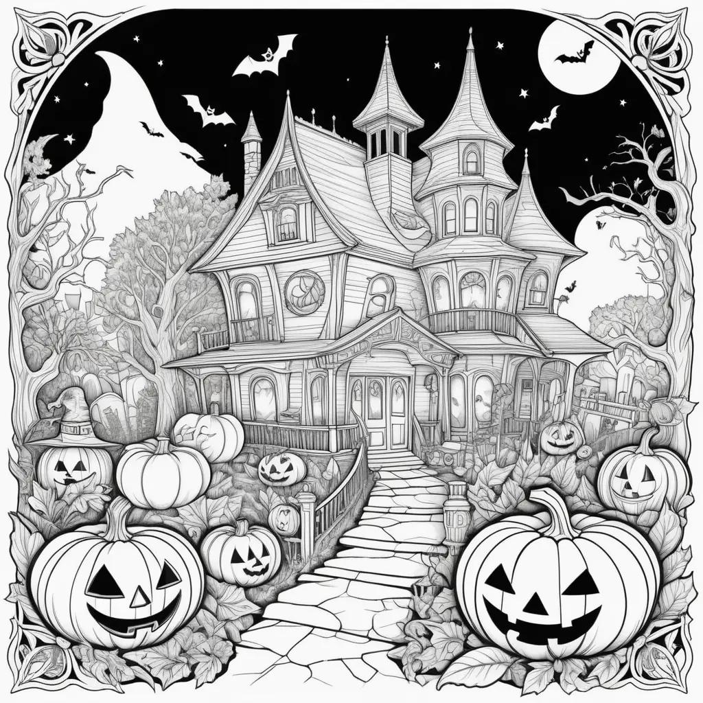 Black and white drawing of a spooky house and pumpkins