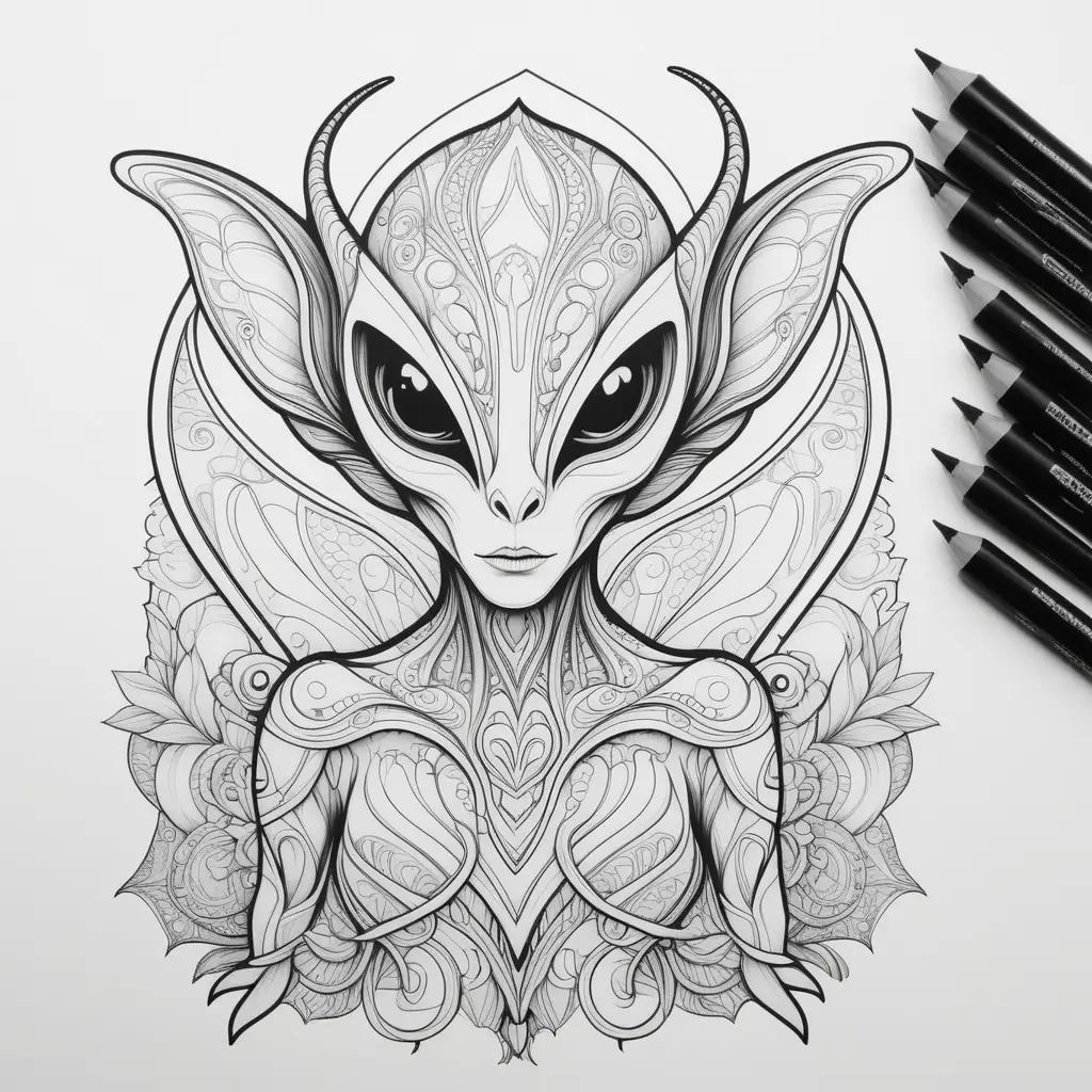 Black and white drawing of a strange alien with many eyes