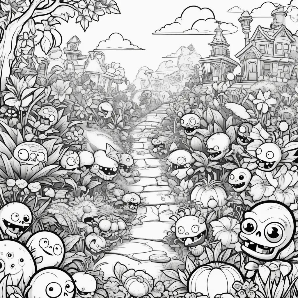 Black and white drawing of a street with plants and zombies